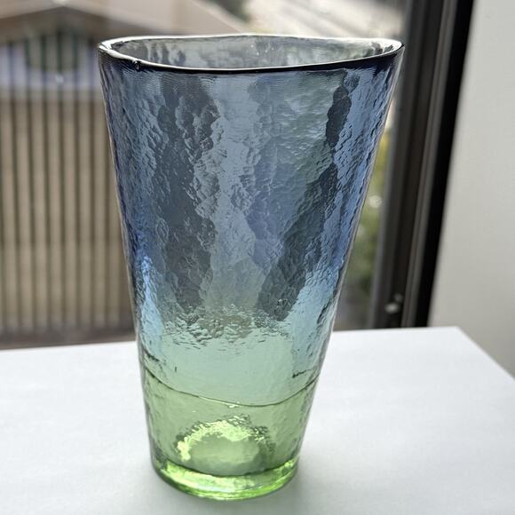 Blue & Green Hand Blown Textured Glass Vase 6 1/2" Contemporary Modern Handmade - Picture 9 of 10